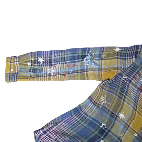 Johnny Was Workshop Plaid Embroidered Button Down Shirt Boho Floral Stars Sz S - Picture 9 of 13